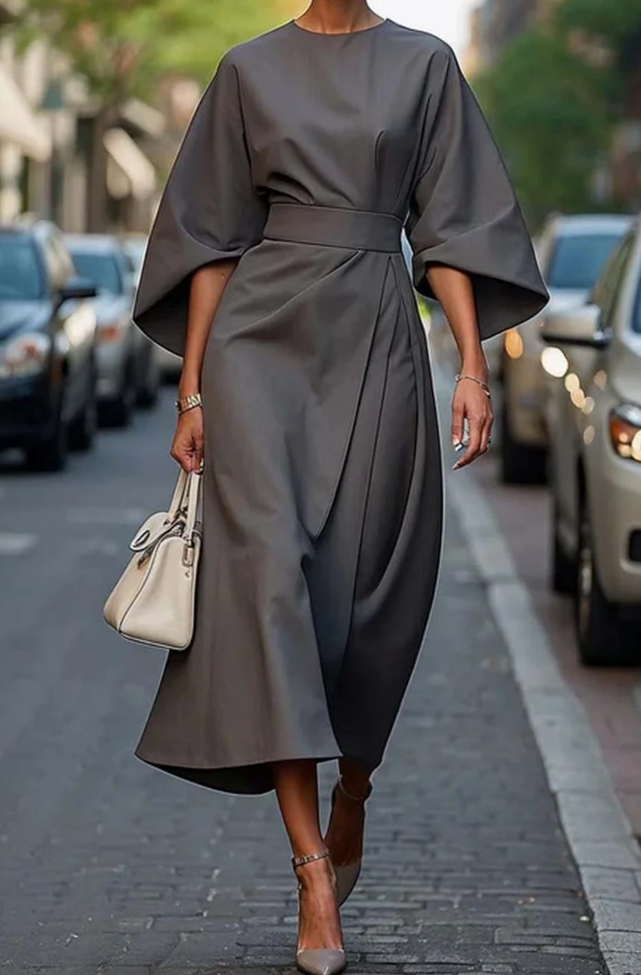 Women's Elegant Dress Belted Lantern-Sleeve Midi - Grey