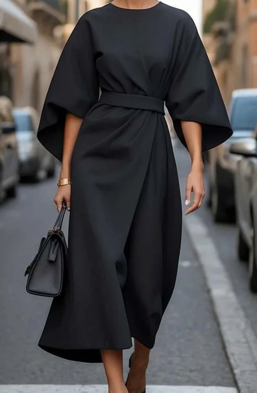 Women's Elegant Dress Kimono-Sleeve Belted Midi