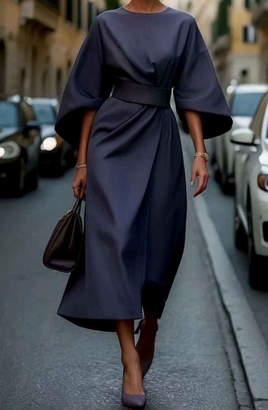 Women's Elegant Dress Kimono-Sleeve Belted Midi - Navy Blue