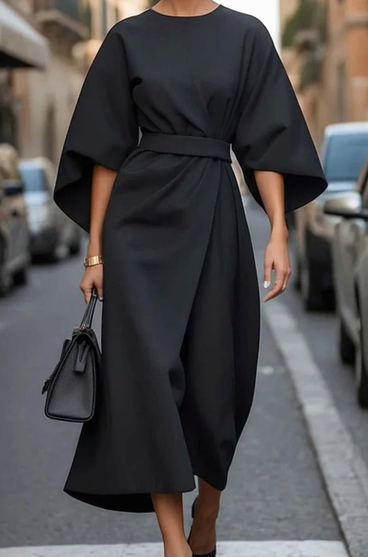 Women's Elegant Dress Kimono-Sleeve Belted Midi - Black