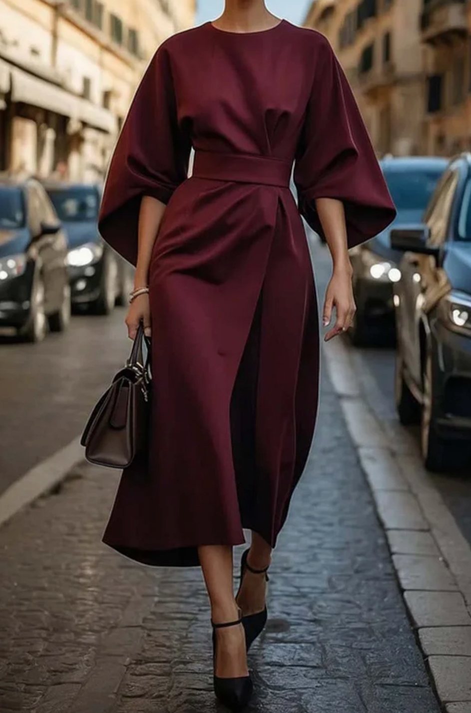 Women's Elegant Dress Kimono-Sleeve Belted Midi - Bordeaux