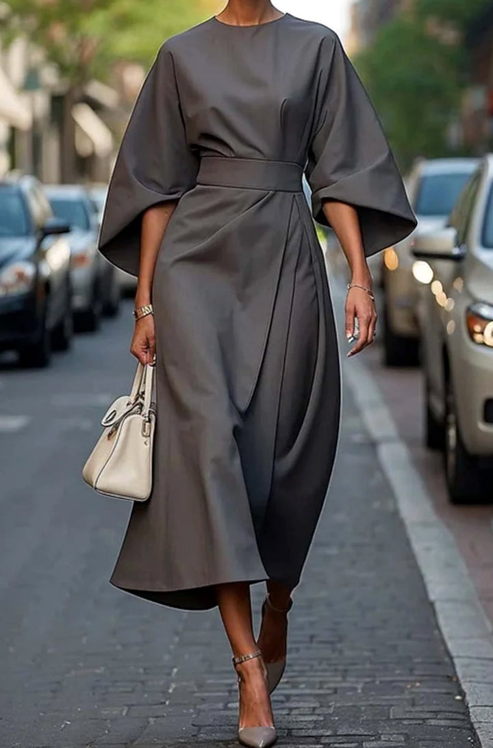Women's Elegant Dress Kimono-Sleeve Belted Midi - Grey