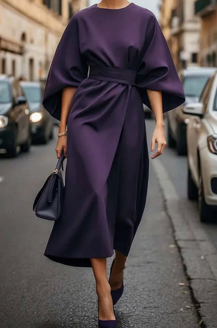 Women's Elegant Dress Kimono-Sleeve Belted Midi - Violet