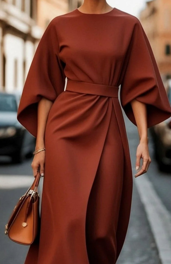 Women's Elegant Dress Kimono-Sleeve Belted Midi - Rust Brown