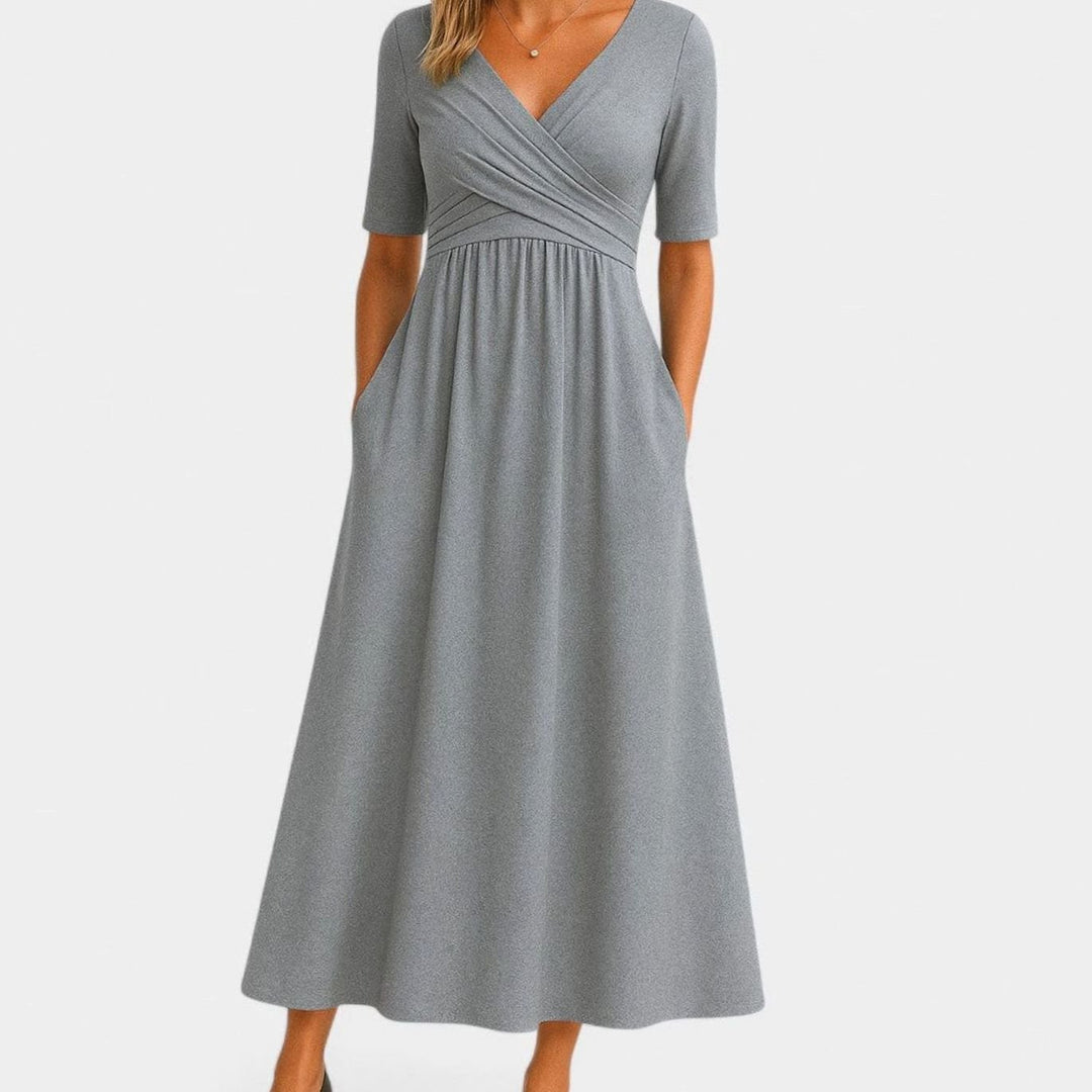 Women's Elegant V-Neck A-Line Midi Summer Dress Pockets - Grey
