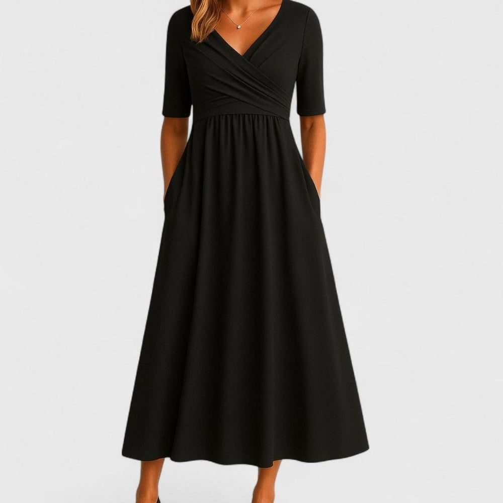 Women's Elegant V-Neck A-Line Midi Summer Dress Pockets - Black