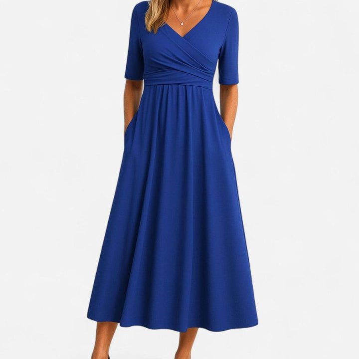 Women's Elegant V-Neck A-Line Midi Summer Dress Pockets - Blue