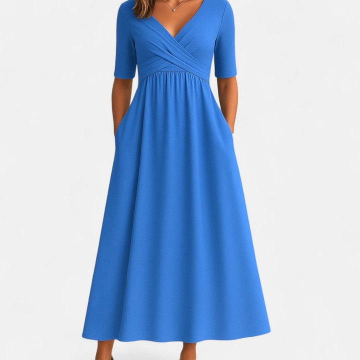 Women's Elegant V-Neck A-Line Midi Summer Dress Pockets - Azure Blue
