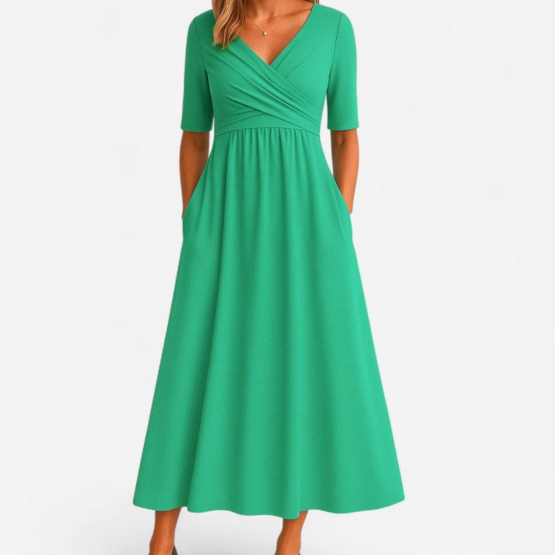 Women's Elegant V-Neck A-Line Midi Summer Dress Pockets - Green
