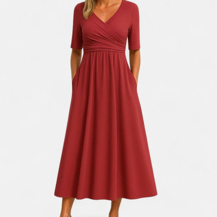 Women's Elegant V-Neck A-Line Midi Summer Dress Pockets - Red