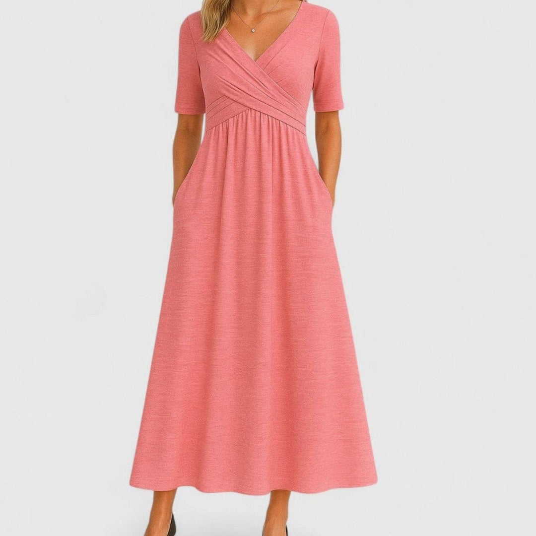 Women's Elegant V-Neck A-Line Midi Summer Dress Pockets - Pink