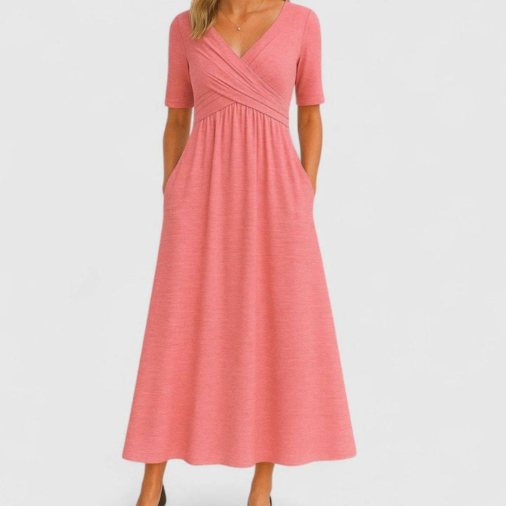 Women's Elegant V-Neck A-Line Midi Summer Dress Pockets - Pink