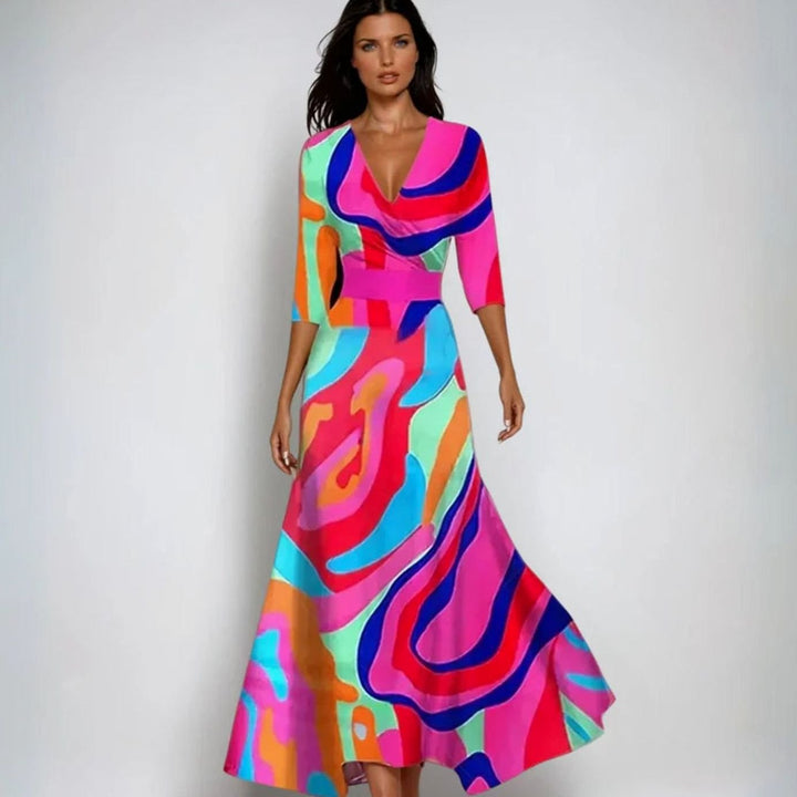 Women's Elegant V-Neck Wrap Floral Dress Maxi Length - Multicolour