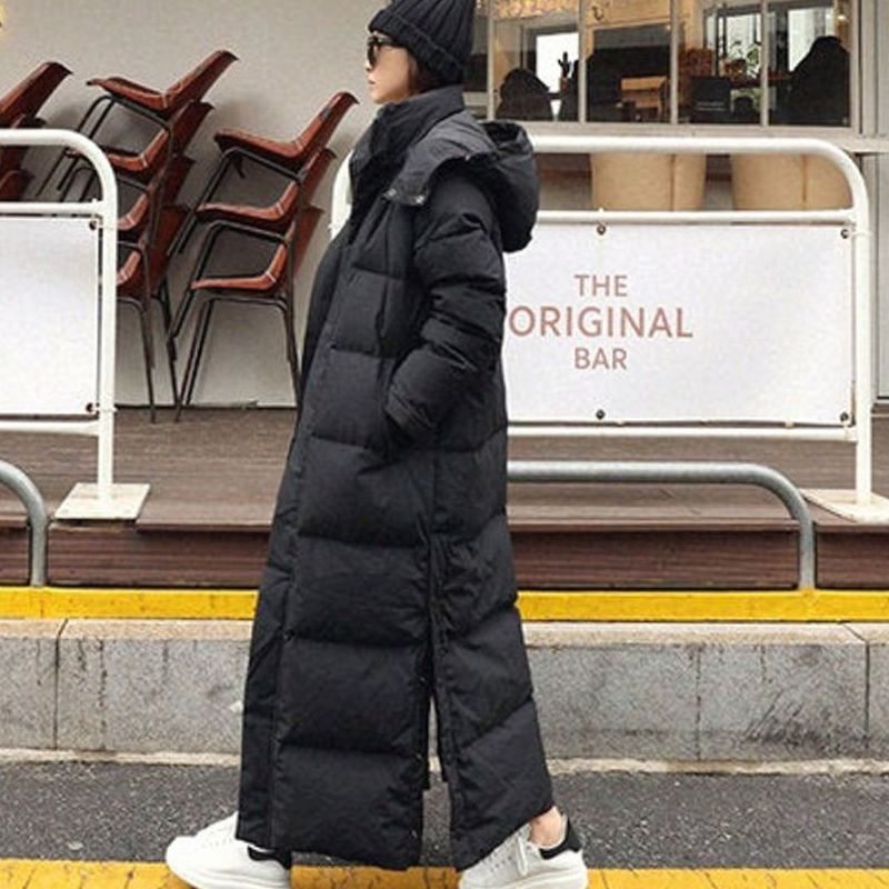 Women's Extra-Long Hooded Quilted Puffer Jacket Maxi Coat - Black