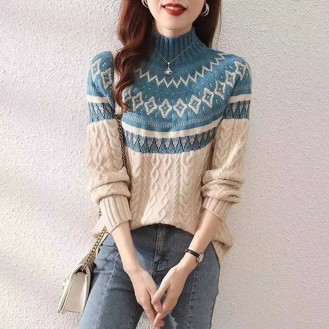 Women's Fair Isle Cable Knit Half Turtleneck Jumper