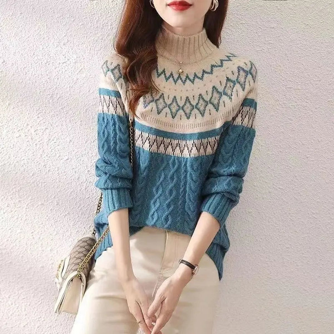 Women's Fair Isle Cable-Knit Turtleneck Jumper