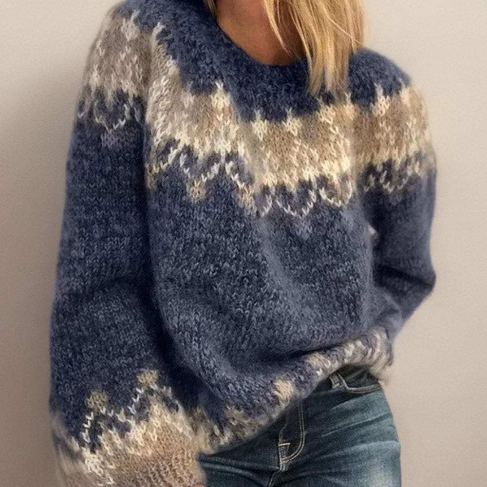 Women's Fair Isle Jacquard Knitted Sweater Fluffy Crew Neck Jumper
