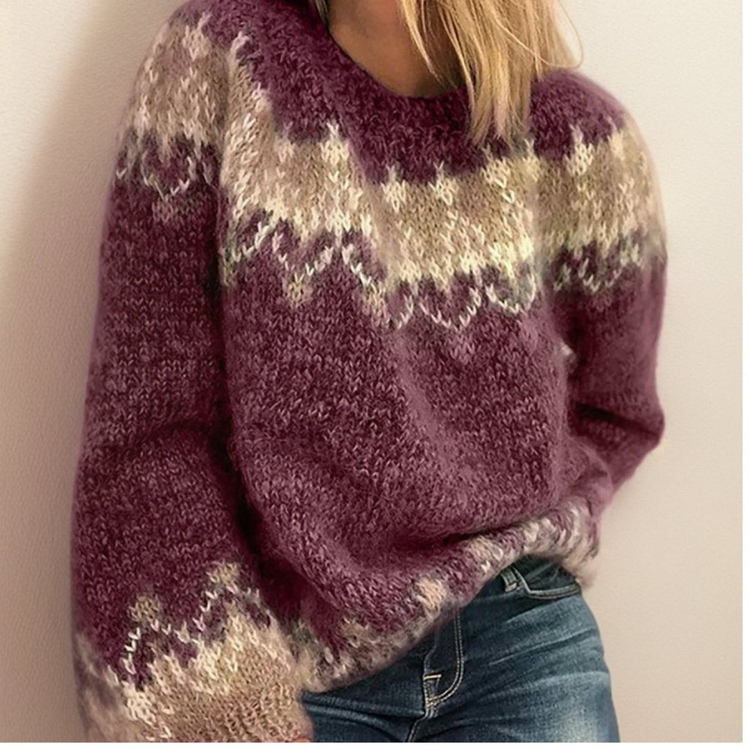 Women's Fair Isle Jacquard Knitted Sweater Fluffy Crew Neck Jumper