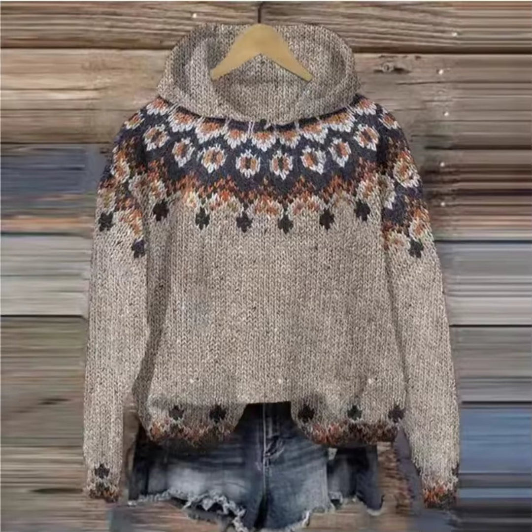 Women's Fair Isle Jacquard Knitted Sweater Oversized Hooded Pullover
