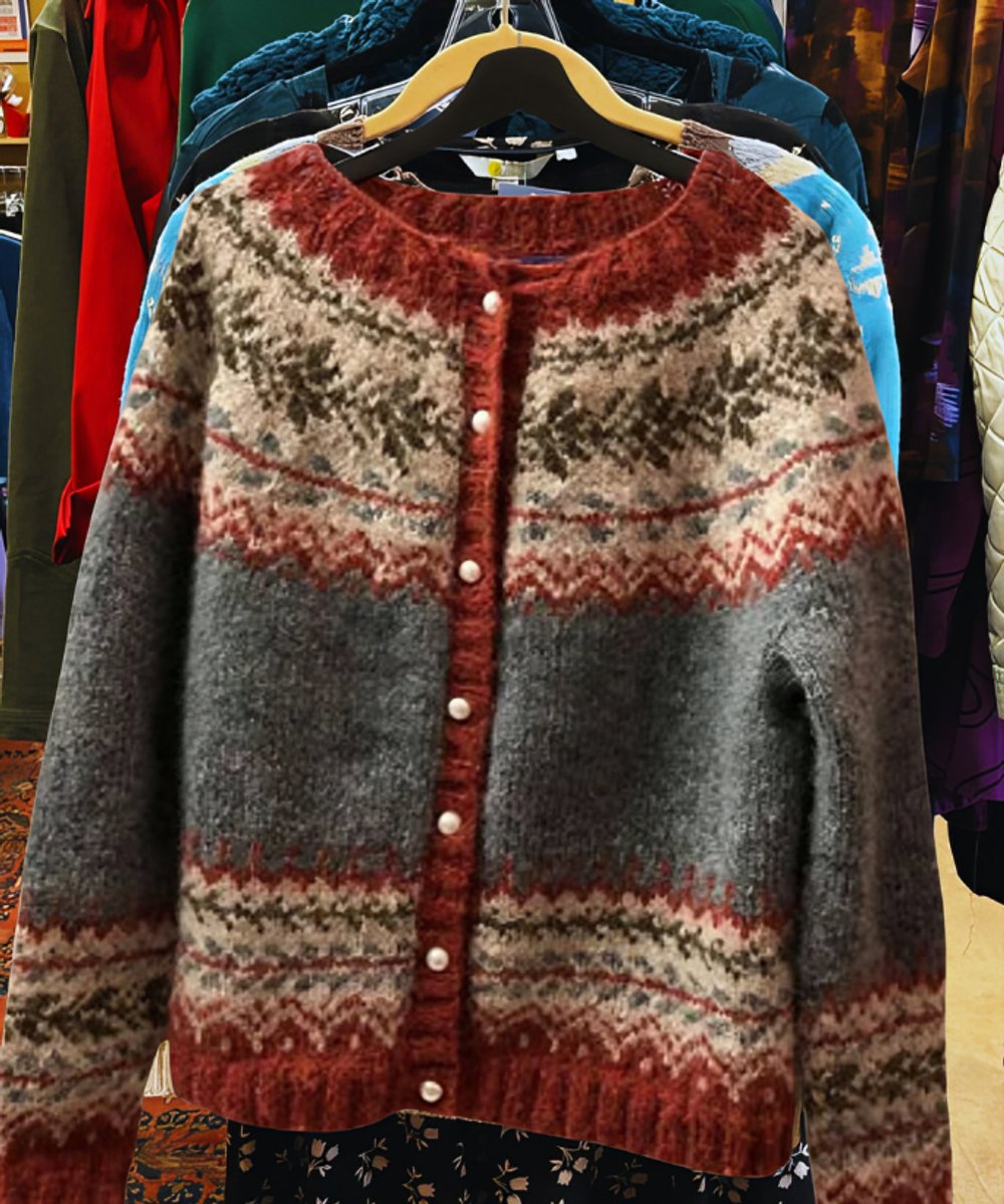 Women's Fair Isle Knitted Sweater Icelandic Button-Up Cardigan