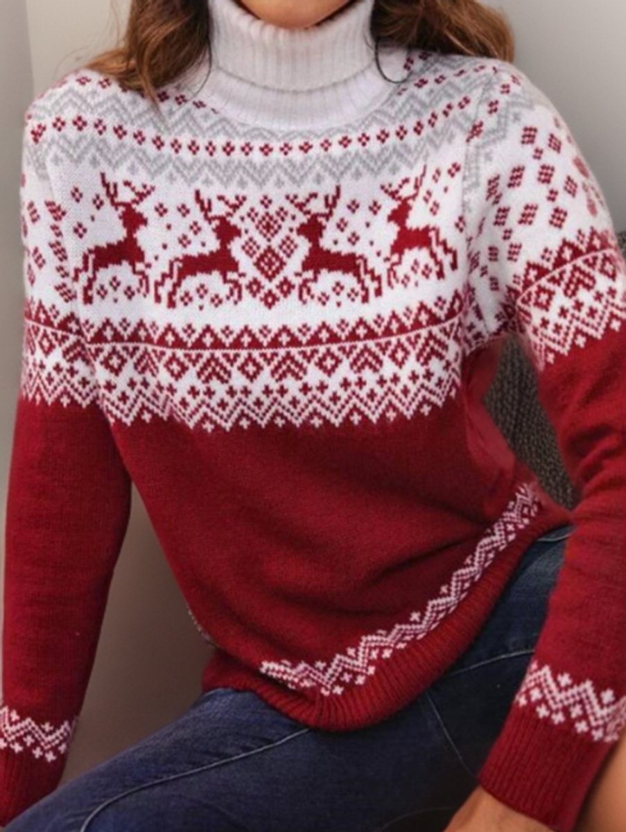 Women's Fair Isle Reindeer Turtleneck Knitted Sweater Jumper