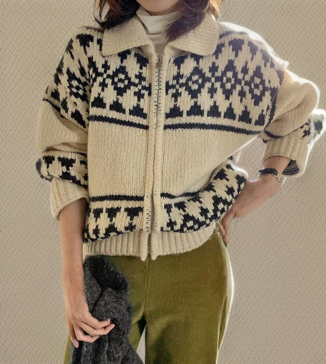 Women's Fair Isle Zip-Up Jacquard Knitted Sweater Cardigan