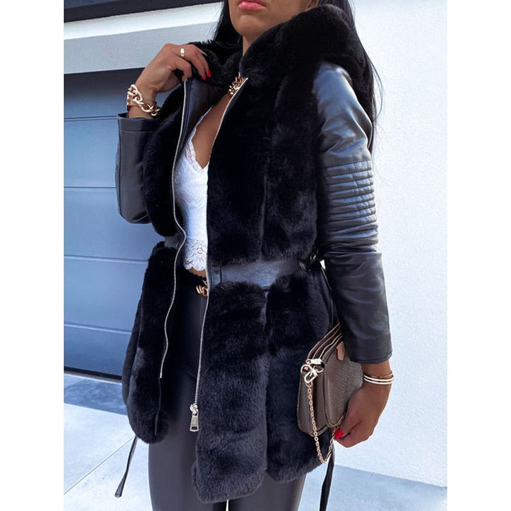 Women's Faux Fur Coat Leather Sleeve Hooded Zip-Up Jacket