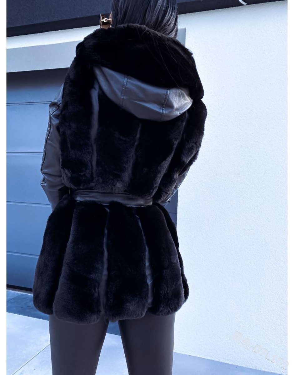 Women's Faux Fur Coat Leather Sleeve Hooded Zip-Up Jacket