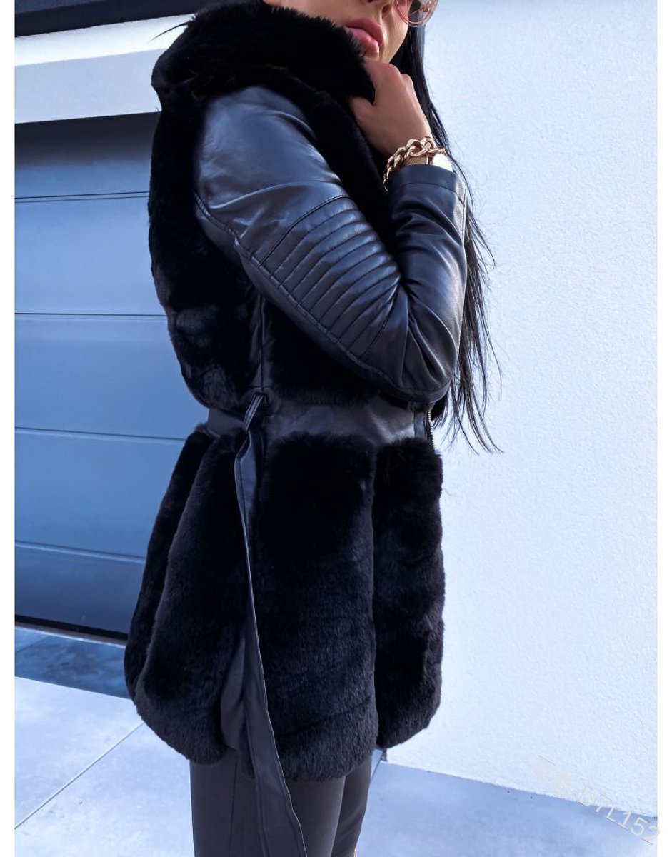 Women's Faux Fur Coat Leather Sleeve Hooded Zip-Up Jacket