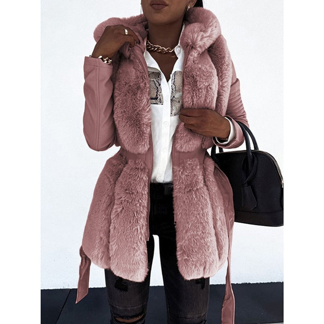 Women's Faux Fur Coat Leather Sleeve Hooded Zip-Up Jacket