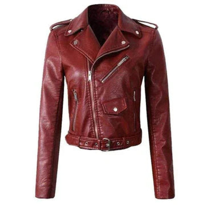 Women's Faux Leather Asymmetric-Zip Belted Biker Jacket
