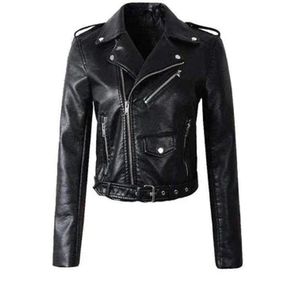 Women's Faux Leather Asymmetric-Zip Belted Biker Jacket