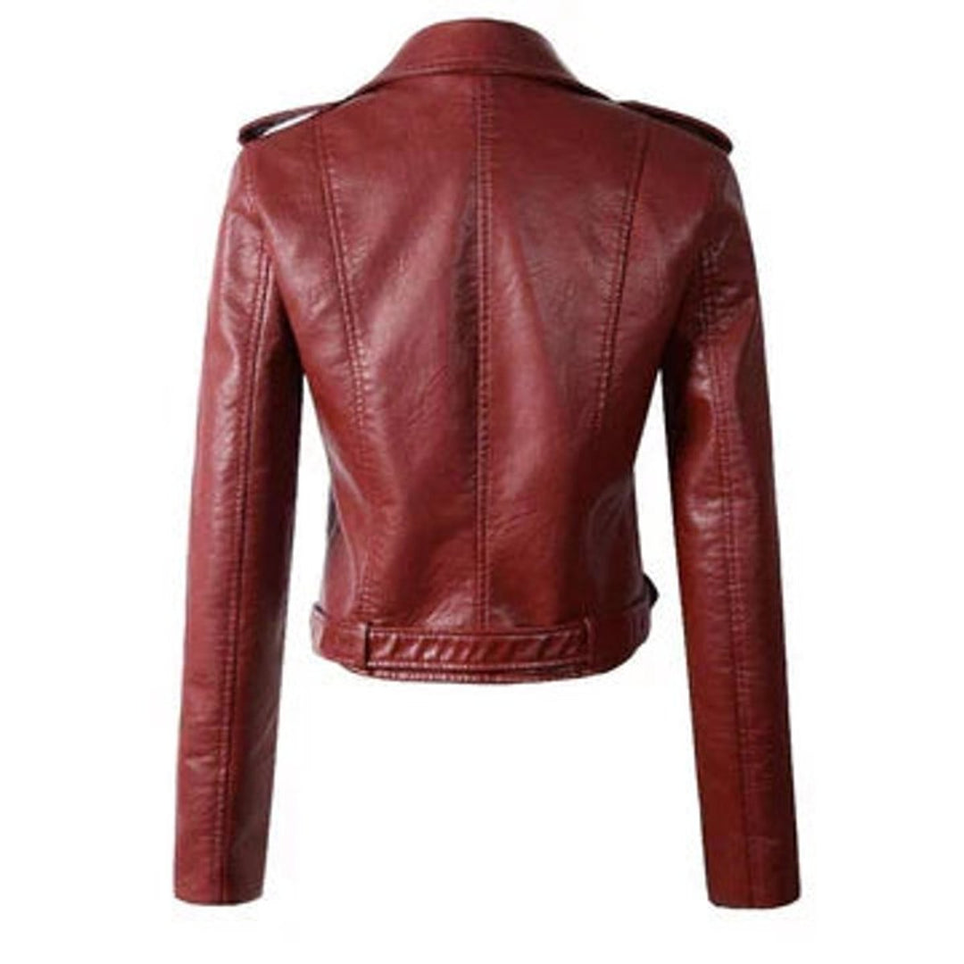 Women's Faux Leather Asymmetric-Zip Belted Biker Jacket