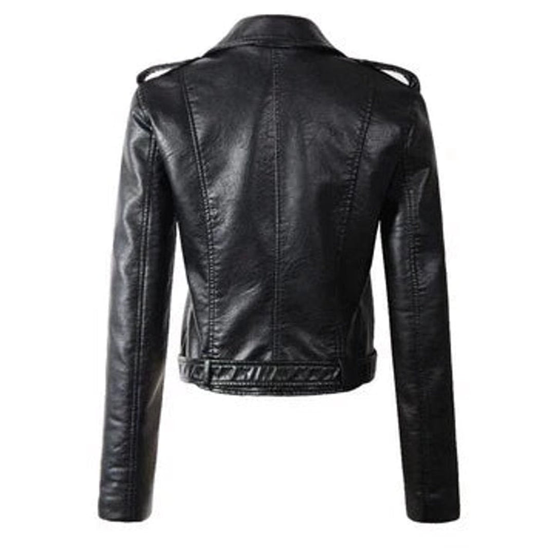 Women's Faux Leather Asymmetric-Zip Belted Biker Jacket
