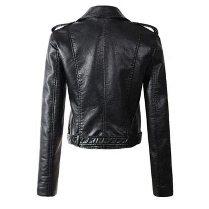 Women's Faux Leather Asymmetric-Zip Belted Biker Jacket