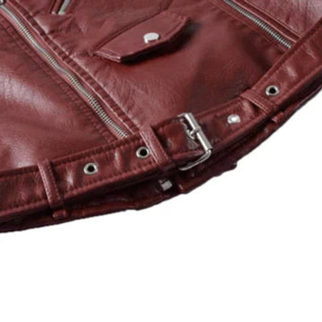 Women's Faux Leather Asymmetric-Zip Belted Biker Jacket