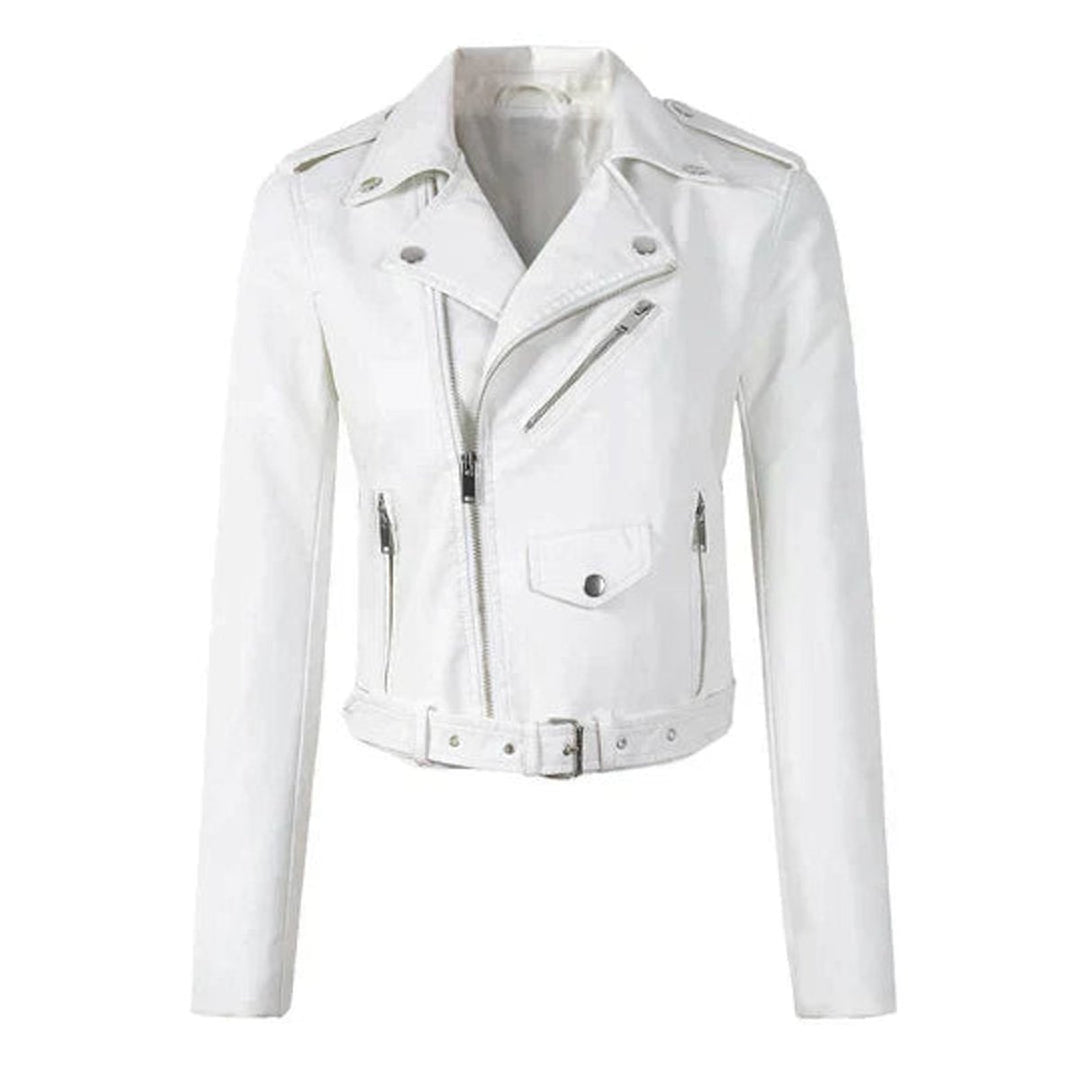 Women's Faux Leather Asymmetric-Zip Belted Biker Jacket