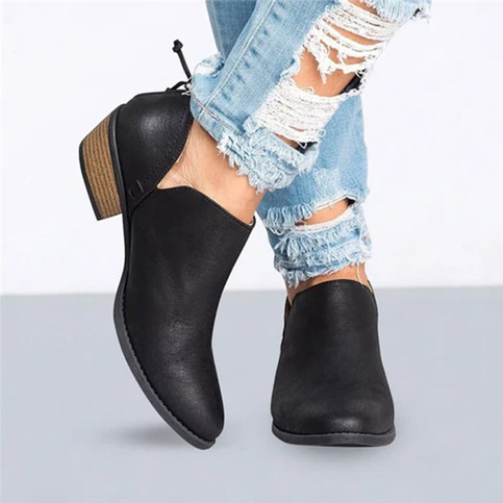 Women's Faux Leather Block Heel Ankle Heeled Boots Side-Cutout