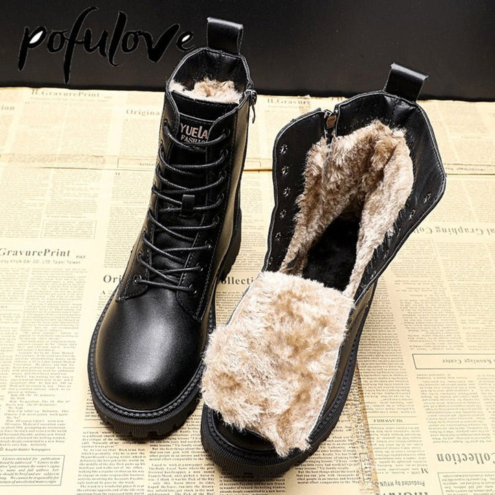 Women's Faux Leather Fur-Lined Lace-Up Ankle Heeled Boots