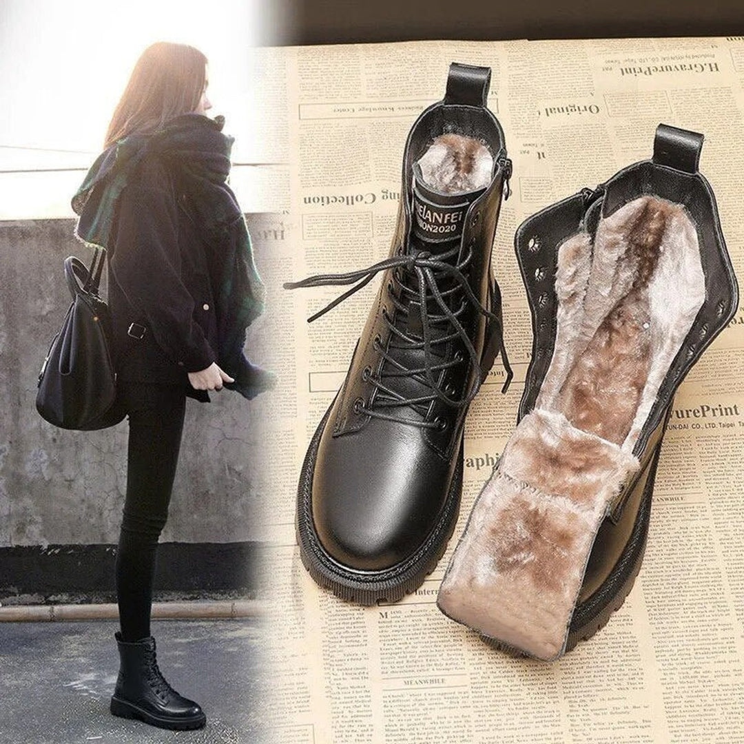 Women's Faux Leather Fur-Lined Lace-Up Ankle Heeled Boots