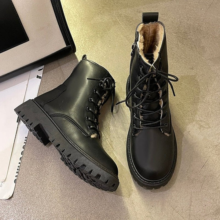Women's Faux Leather Fur-Lined Lace-Up Ankle Heeled Boots