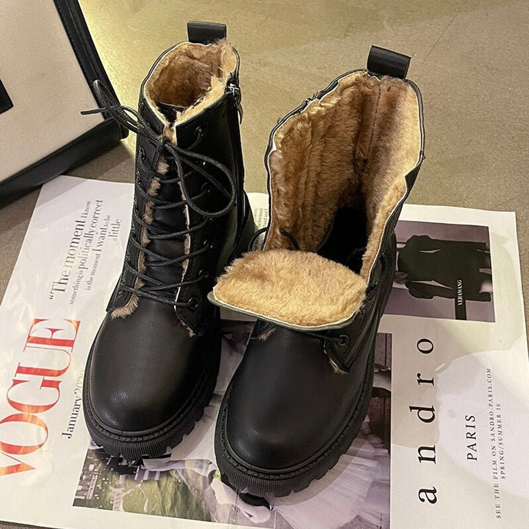 Women's Faux Leather Fur-Lined Lace-Up Ankle Heeled Boots