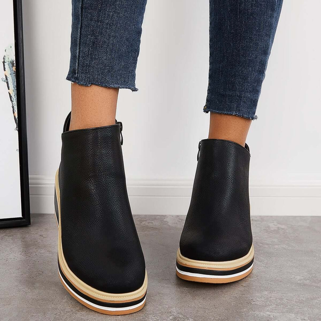 Women's Faux Leather Platform Zip-Up Ankle Heeled Boots