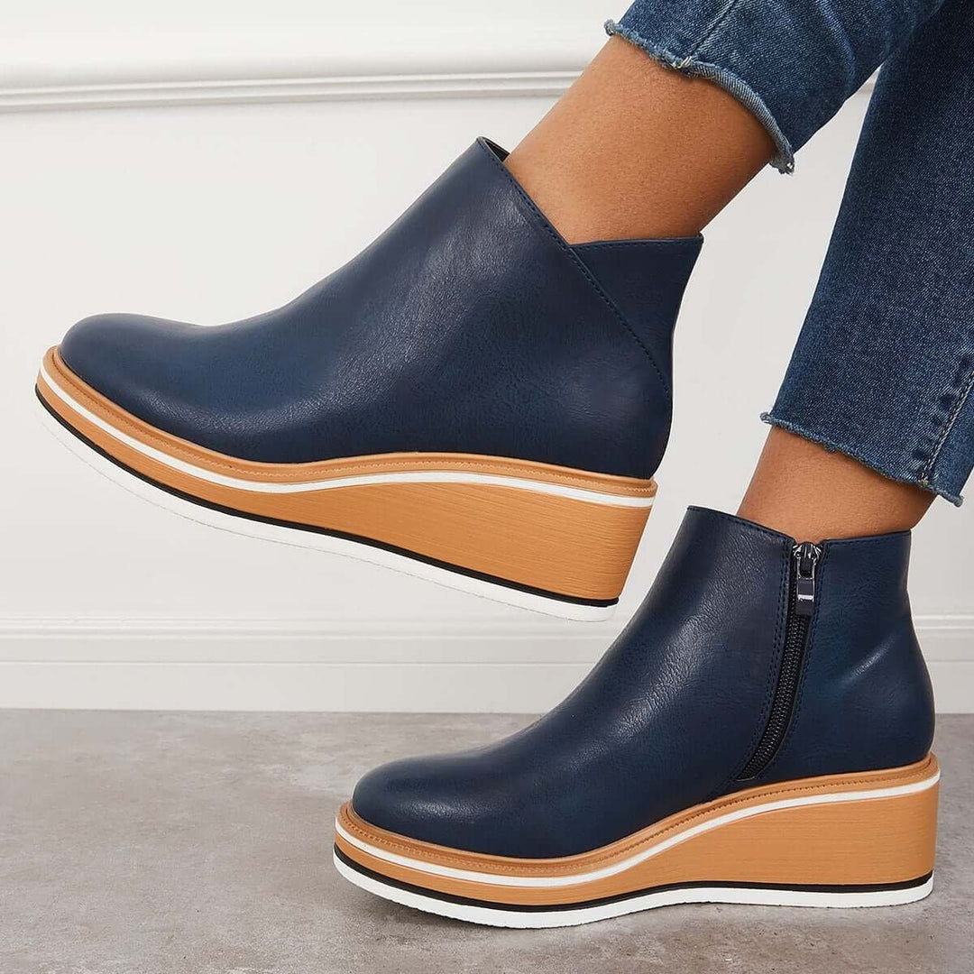 Women's Faux Leather Platform Zip-Up Ankle Heeled Boots