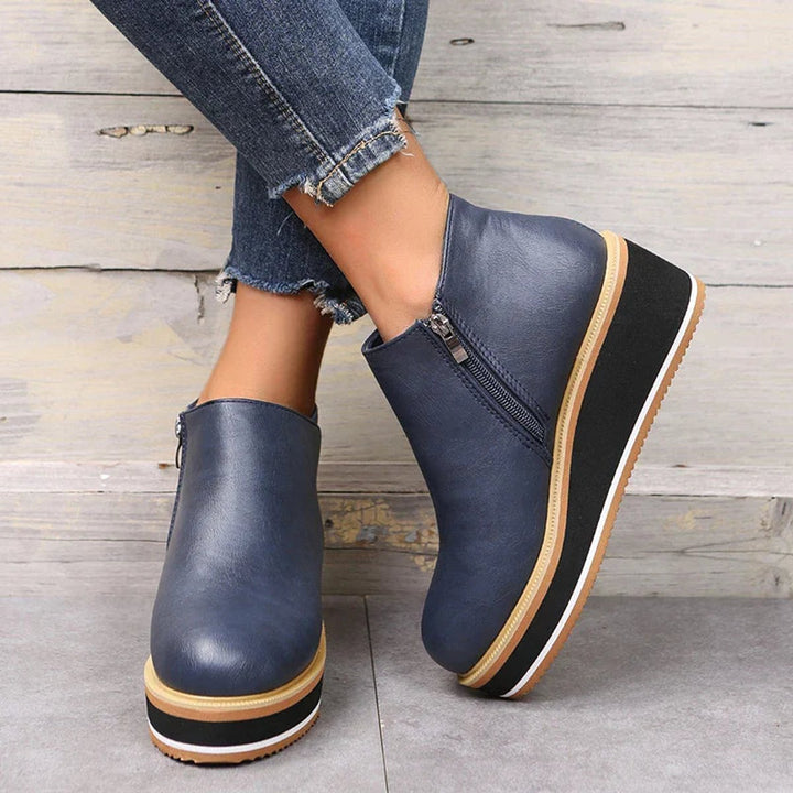 Women's Faux Leather Platform Zip-Up Ankle Heeled Boots