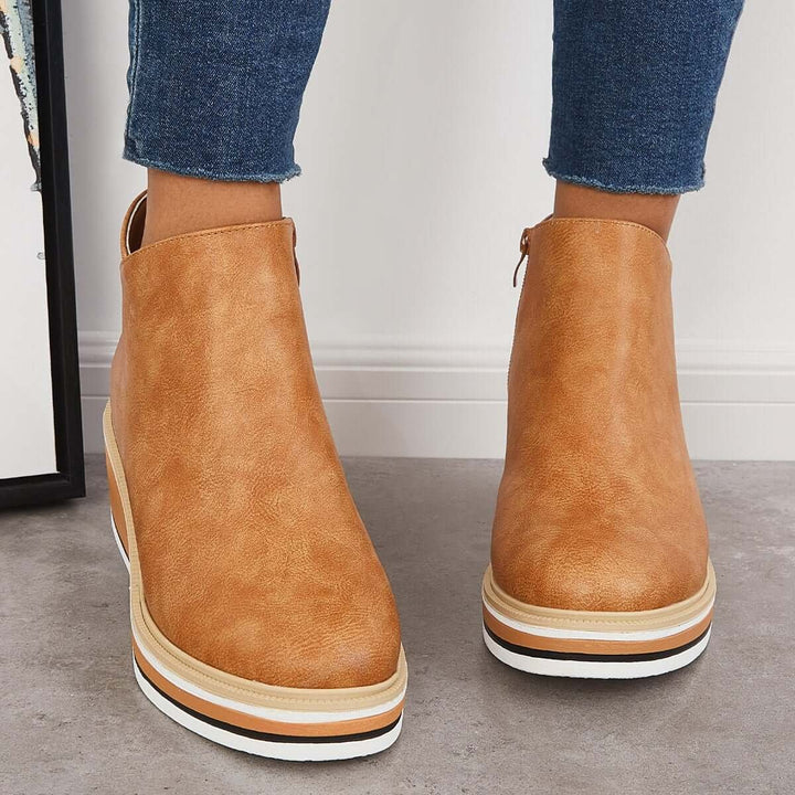 Women's Faux Leather Platform Zip-Up Ankle Heeled Boots