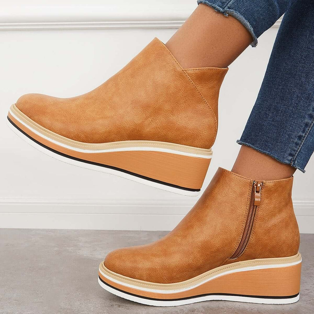 Women's Faux Leather Platform Zip-Up Ankle Heeled Boots