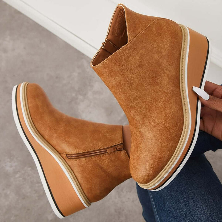 Women's Faux Leather Platform Zip-Up Ankle Heeled Boots