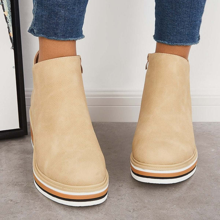 Women's Faux Leather Platform Zip-Up Ankle Heeled Boots