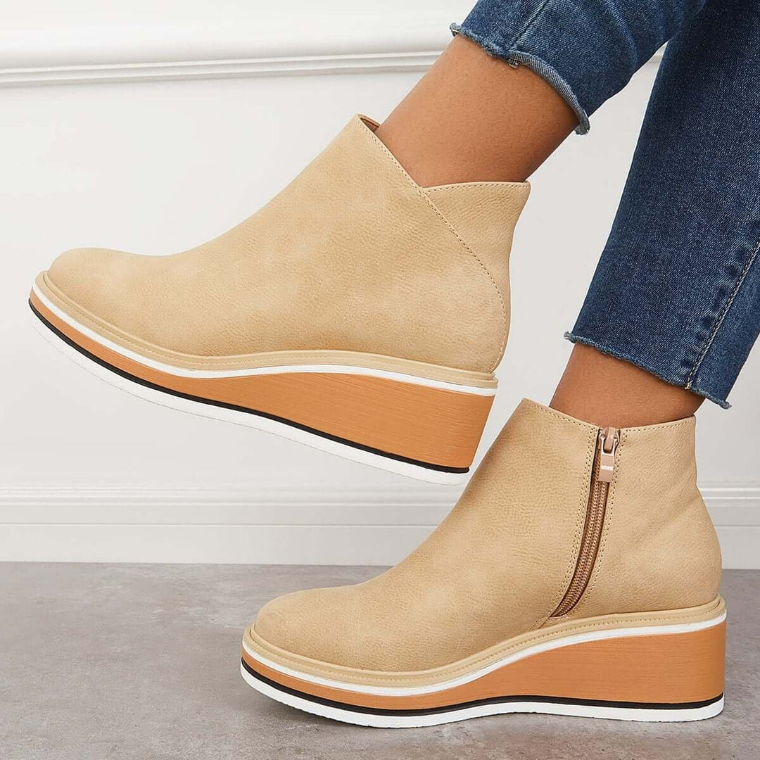 Women's Faux Leather Platform Zip-Up Ankle Heeled Boots